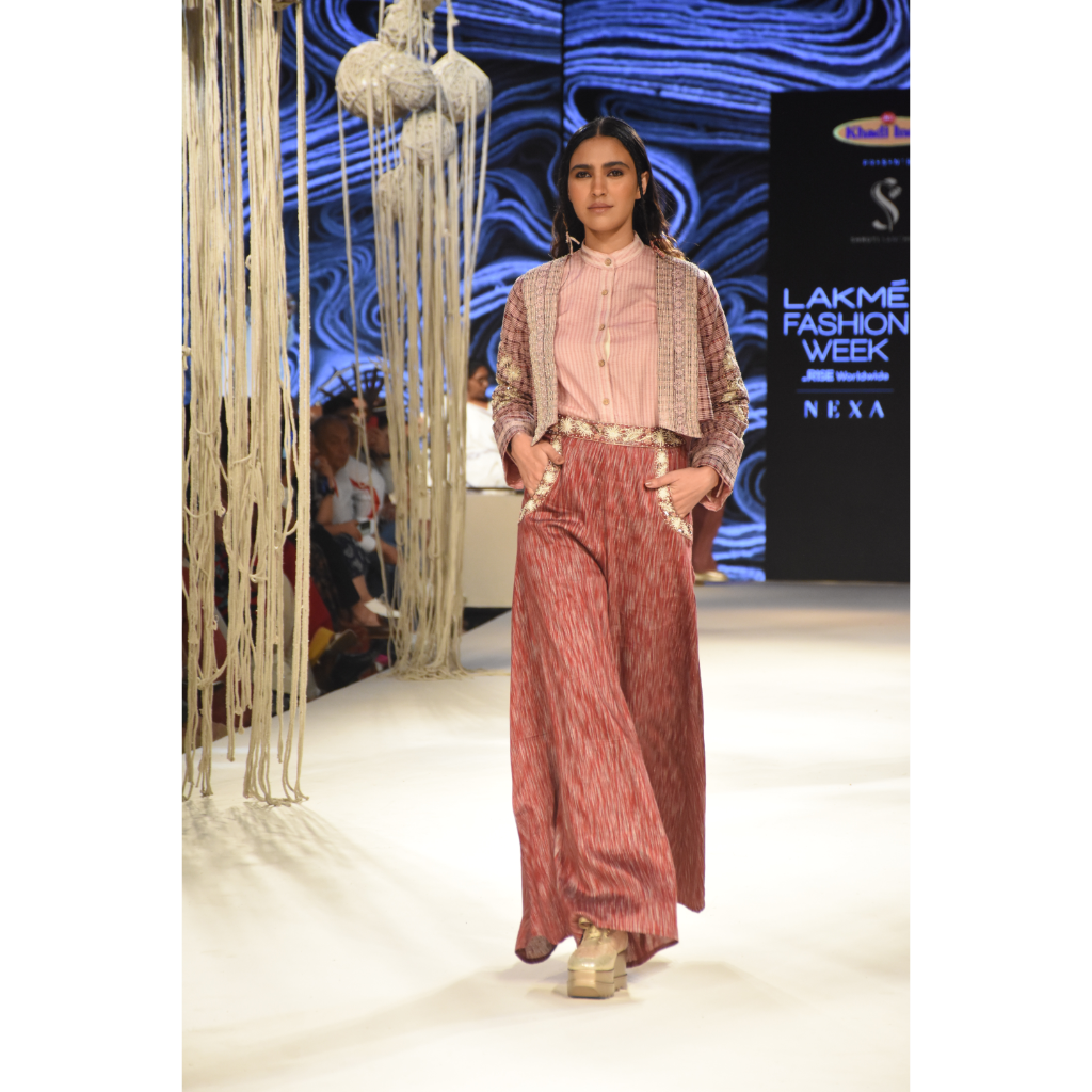 Pink khadi shirt with red embroidered palazzo and red checks printed and embroidered crop jacket