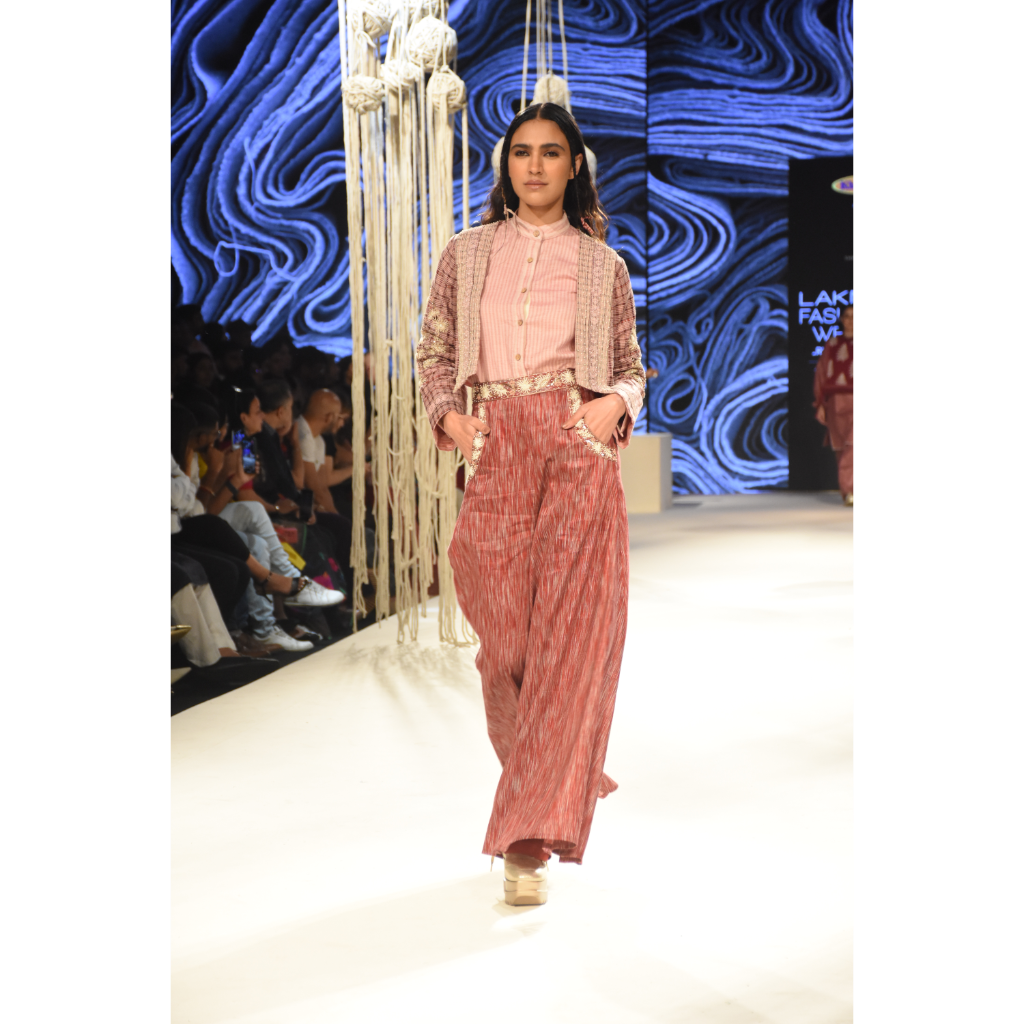 Pink khadi shirt with red embroidered palazzo and red checks printed and embroidered crop jacket