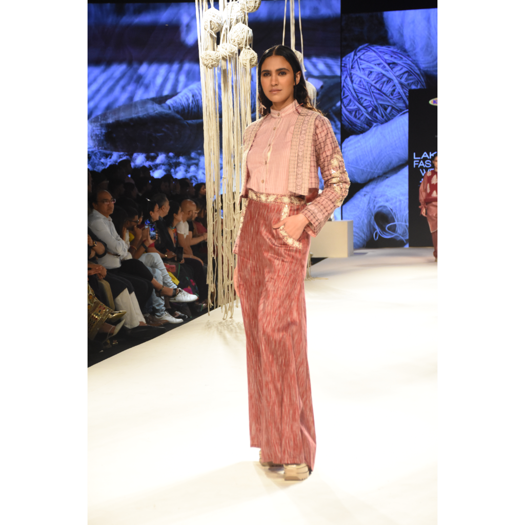 Pink khadi shirt with red embroidered palazzo and red checks printed and embroidered crop jacket