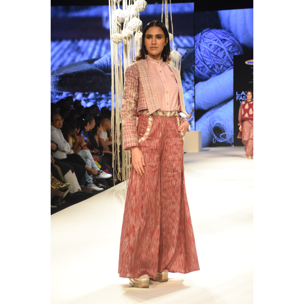 Pink khadi shirt with red embroidered palazzo and red checks printed and embroidered crop jacket