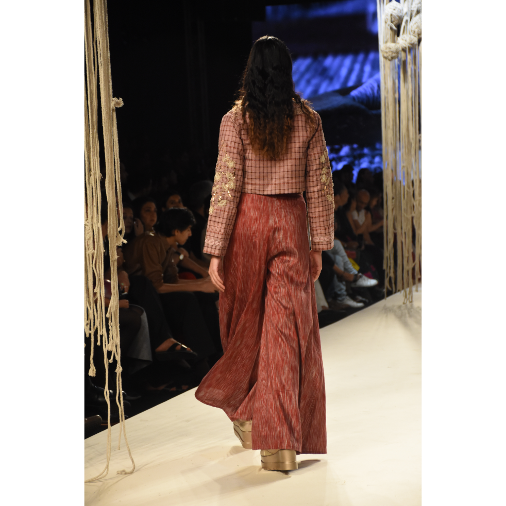 Pink khadi shirt with red embroidered palazzo and red checks printed and embroidered crop jacket