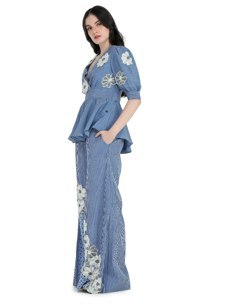 Blue floral printed and embroidered peplum top and palazzo