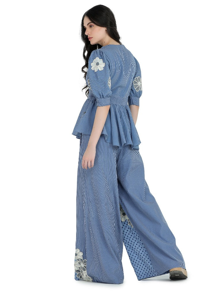 Blue floral printed and embroidered peplum top and palazzo