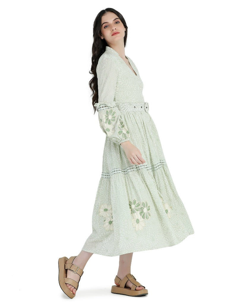 Mint green floral printed and embroidered dress with belt