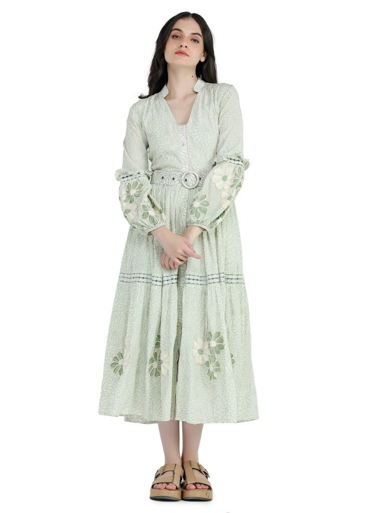 Mint green floral printed and embroidered dress with belt Mint green floral printed and embroidered dress with belt