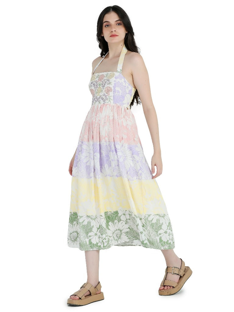 White halter neck printed and embroidered midi dress