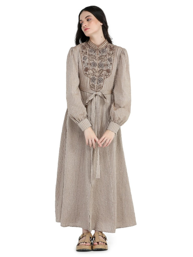 Beige khadi embroidered shirt dress with sash belt