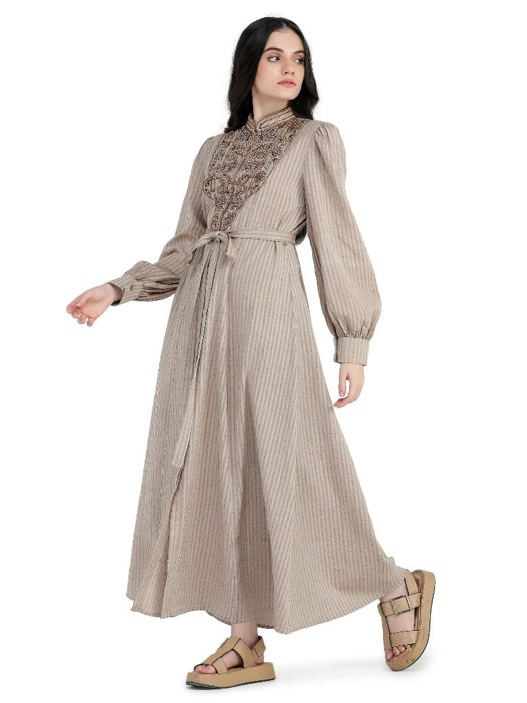 Beige khadi embroidered shirt dress with sash belt