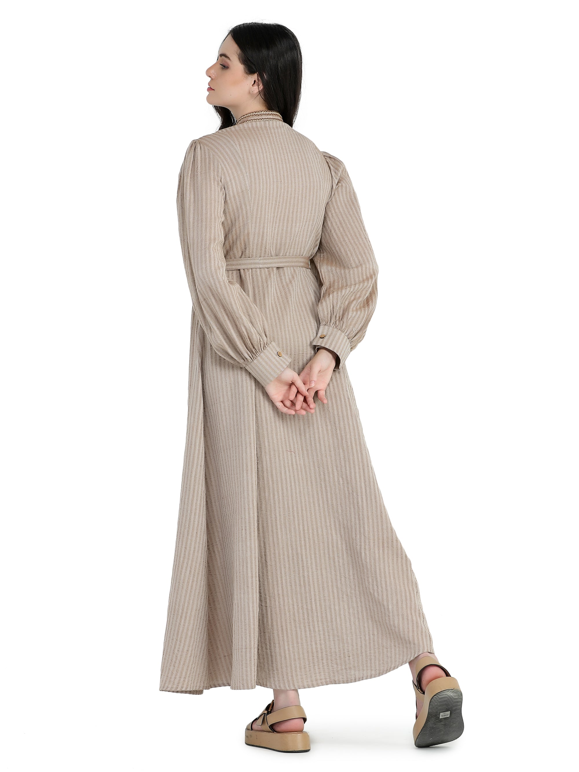 Beige khadi embroidered shirt dress with sash belt