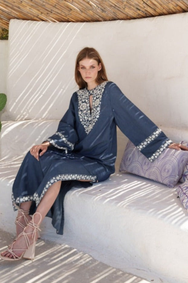 Blue chambray embroidered kaftan
