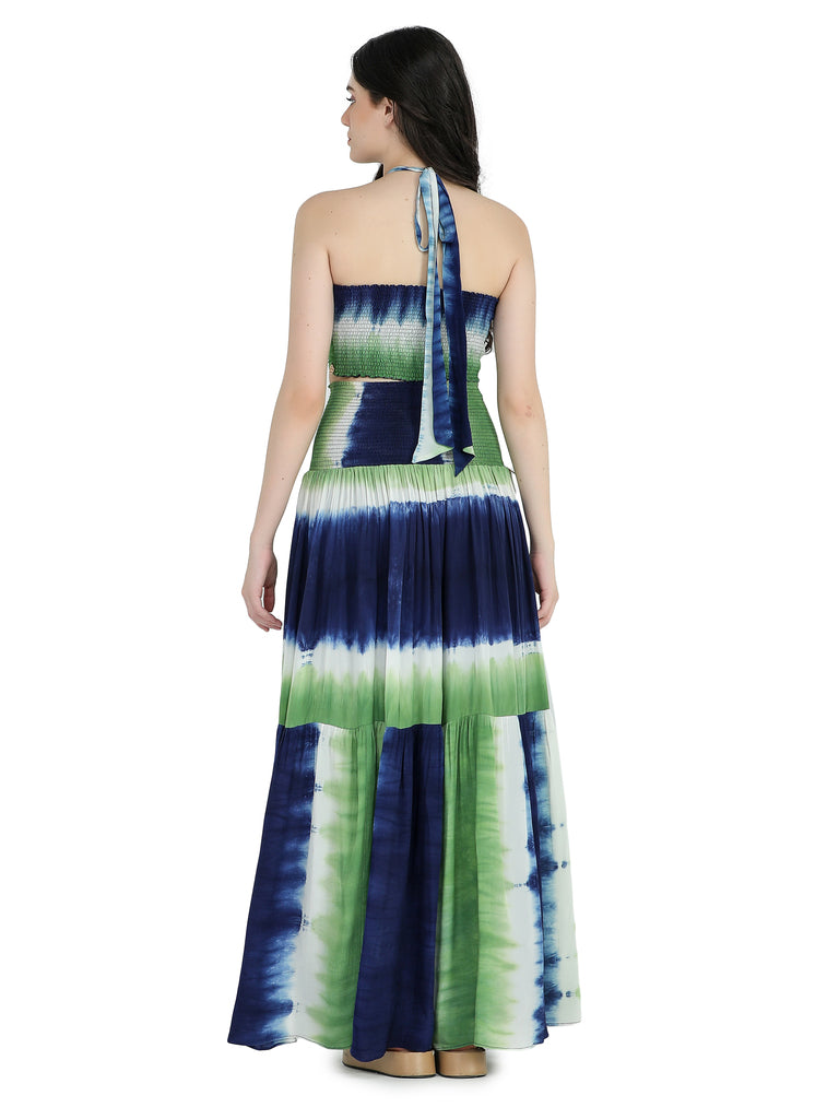 Blue, white, green tie and dye crepe crop top with tiered skirt