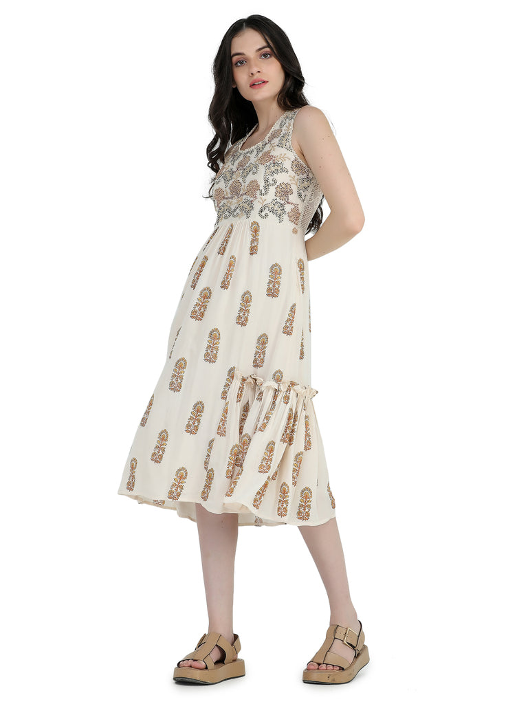 Bone crepe block printed short dress with co-ord and bead embroidered bodice