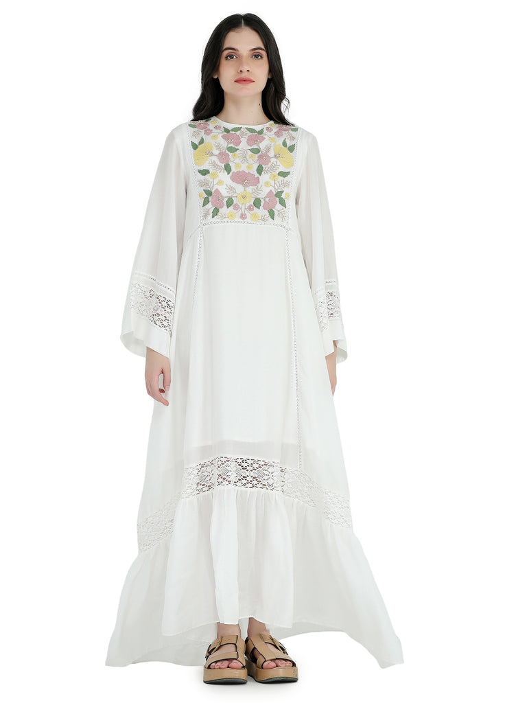White mul high low midi dress with cord embroidered bodice and insertion laces
