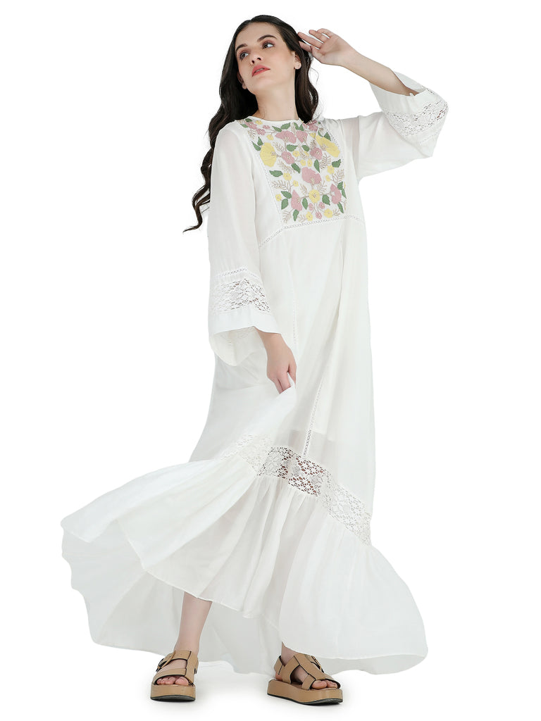 White mul high low midi dress with cord embroidered bodice and insertion laces