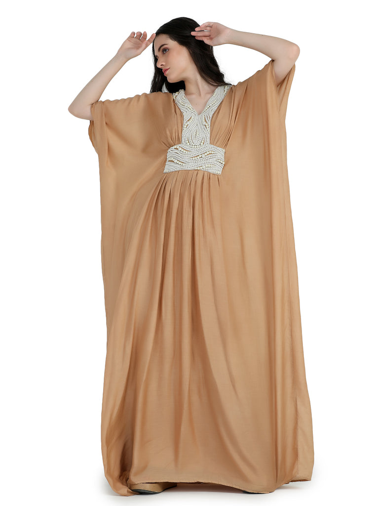 Almond mul kaftan with  pearl embroidered yoke
