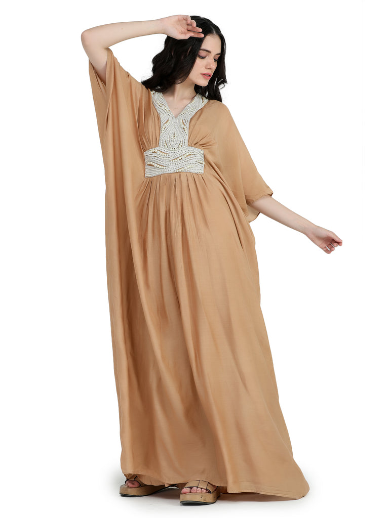 Almond mul kaftan with  pearl embroidered yoke