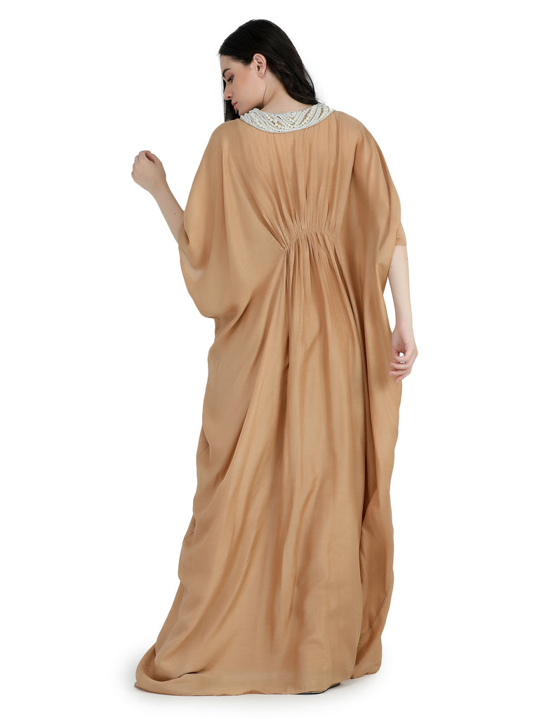 Almond mul kaftan with pearl embroidered yoke