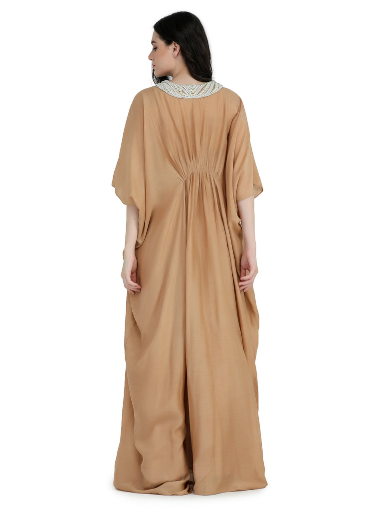 Almond mul kaftan with pearl embroidered yoke
