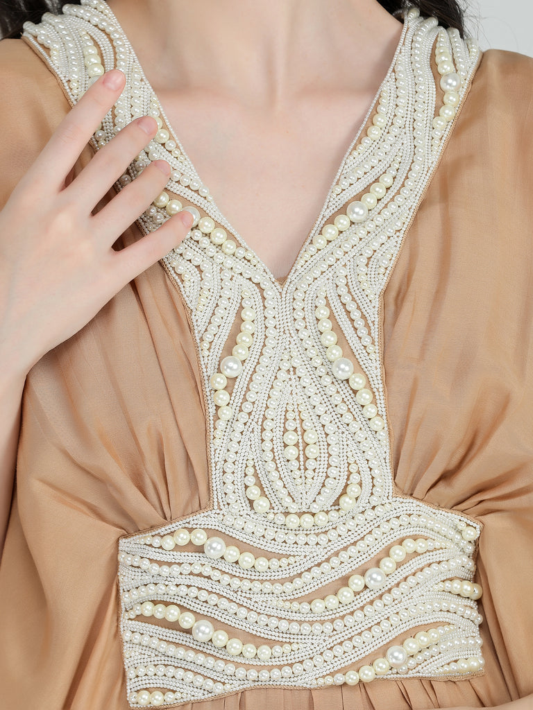 Almond mul kaftan with pearl embroidered yoke