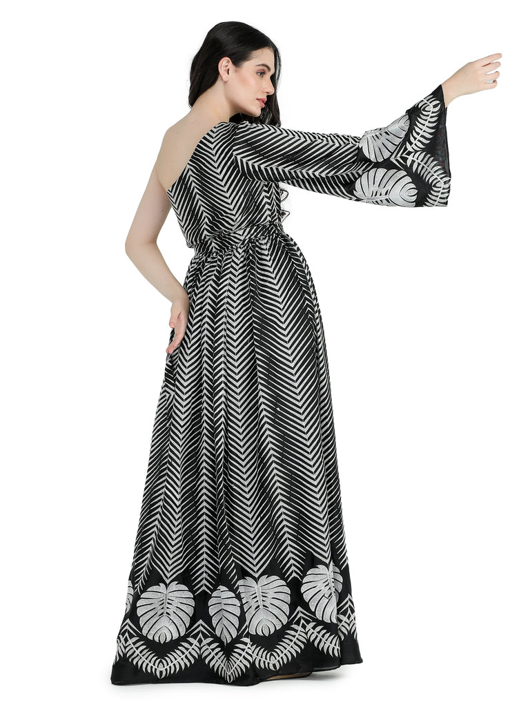 Black satin chiffon one shoulder gathered maxi .