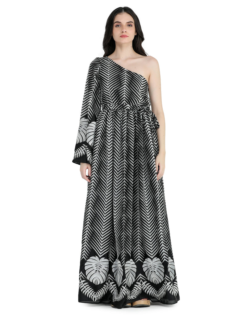 Black satin chiffon one shoulder gathered maxi .