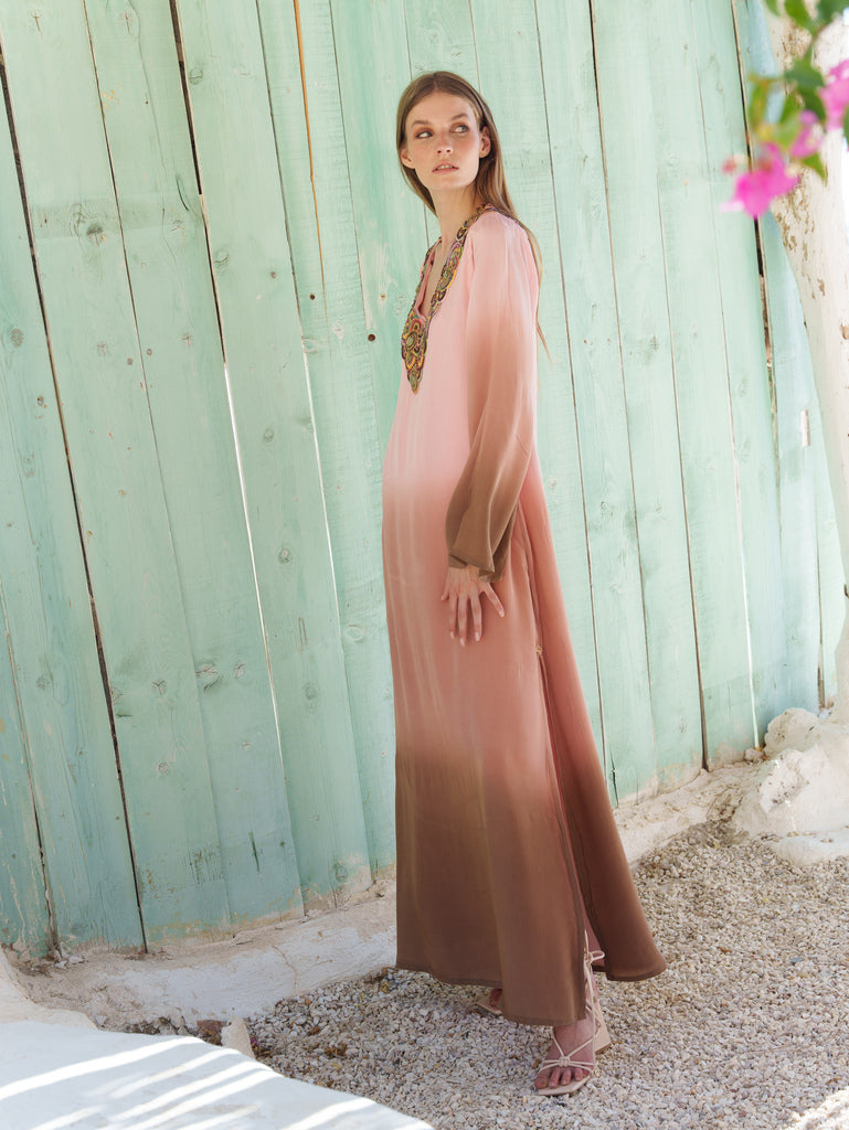 Nude ombre-dyed kaftan maxi with embroidered V neck