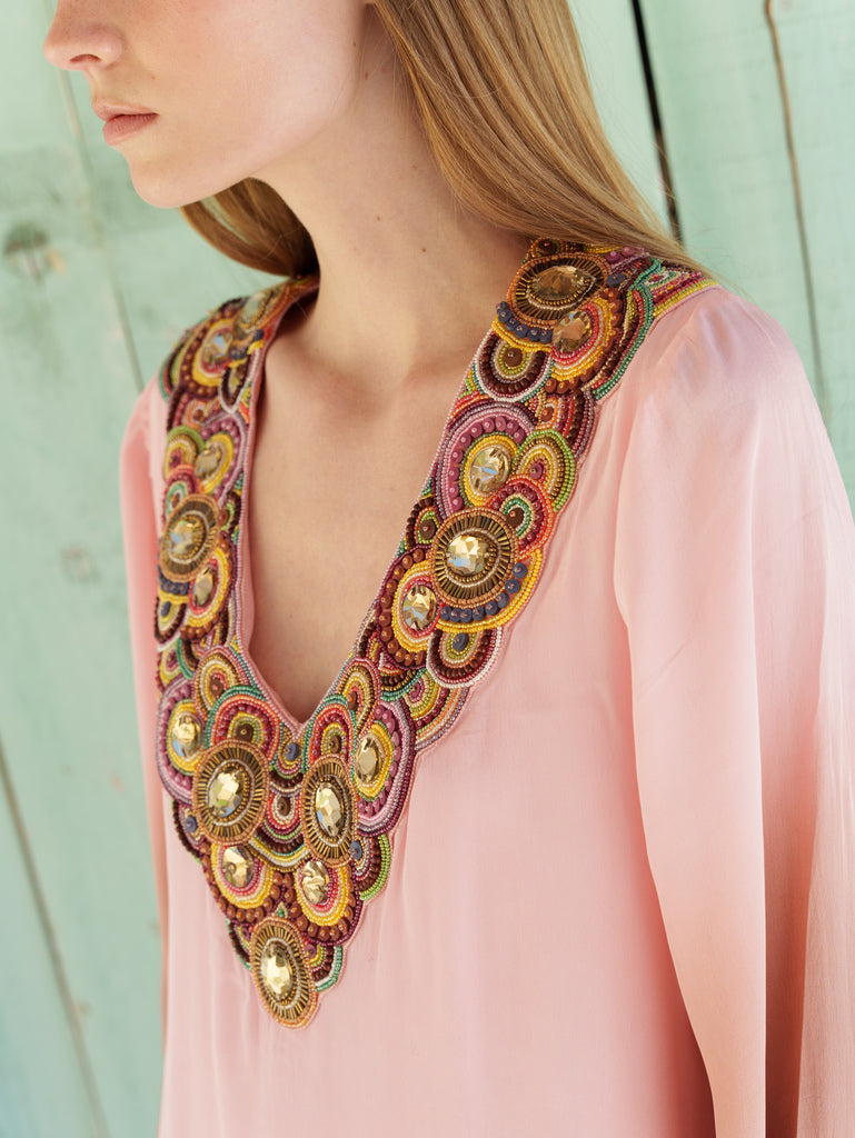 Nude ombre-dyed kaftan maxi with embroidered V neck