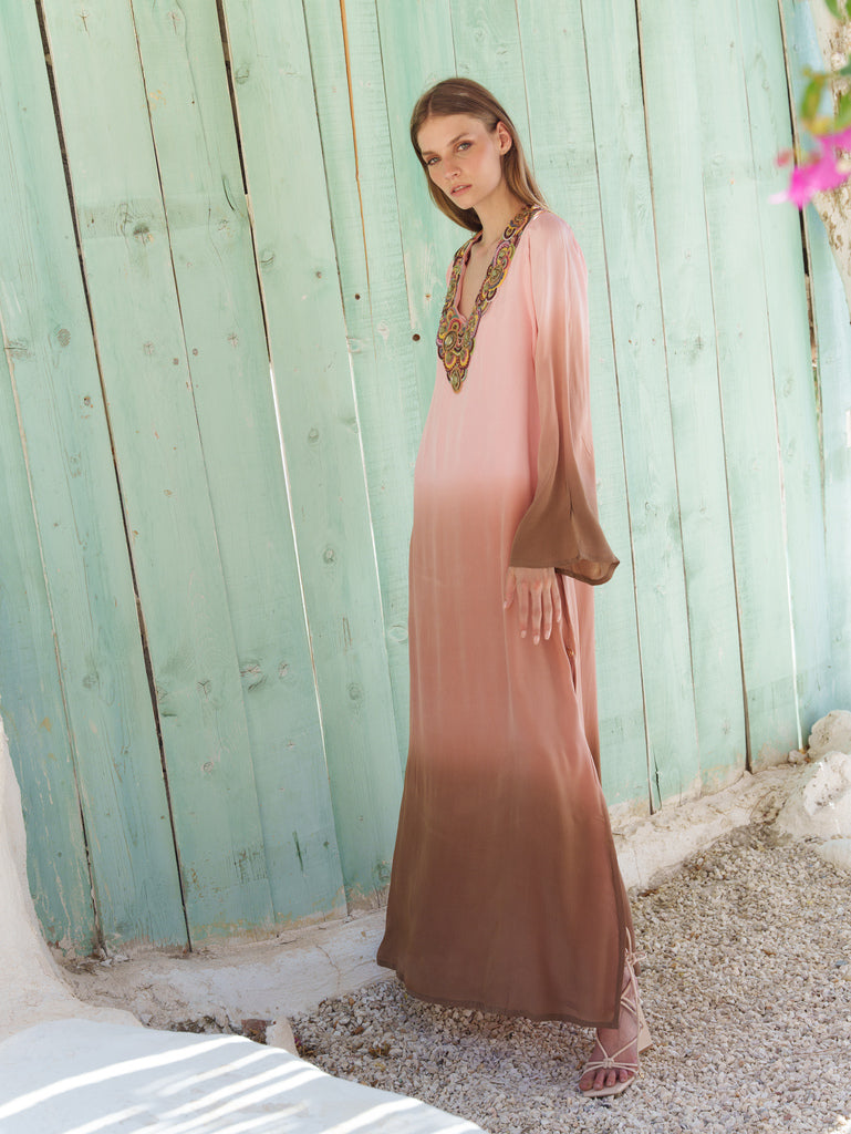 Nude ombre-dyed kaftan maxi with embroidered V neck