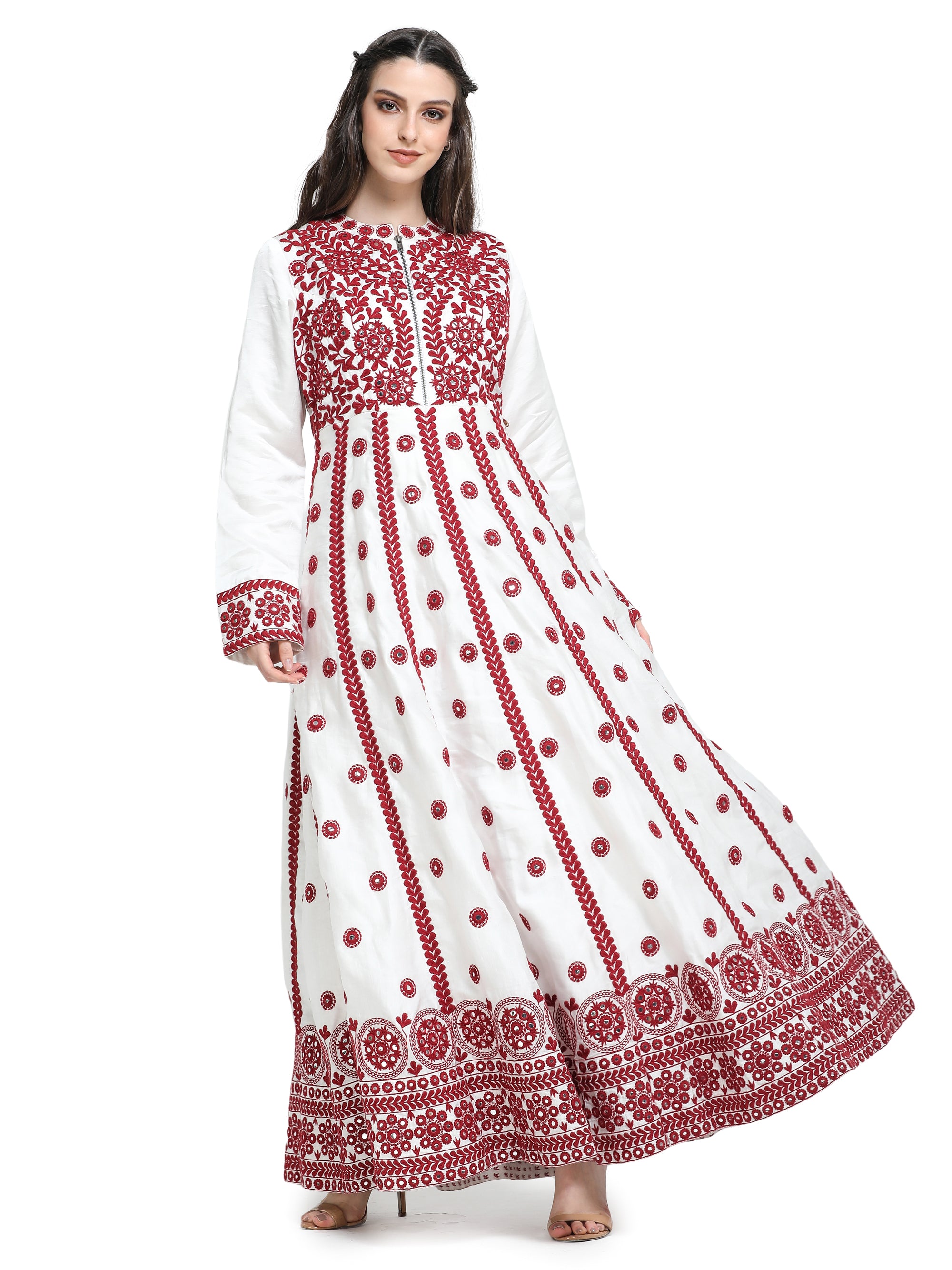 White with red mirrorwork embroidery anarkali maxi