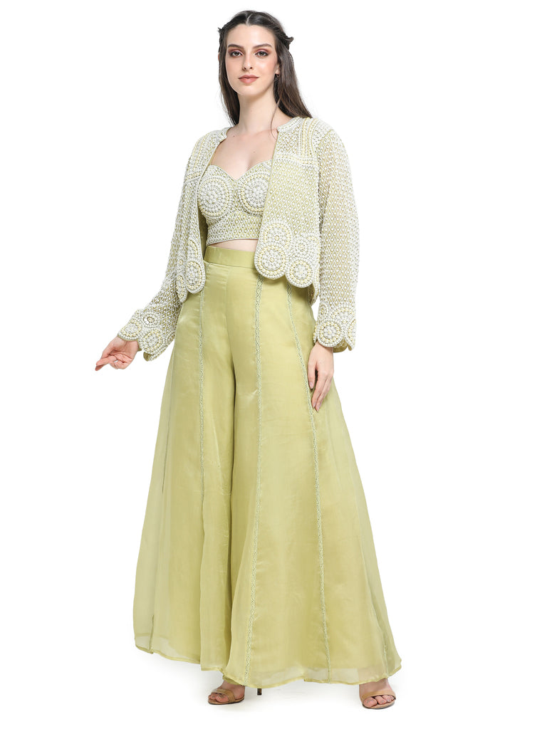 Kamiya Jani in our Green pearl embroidered jacket with bustier and palazzo