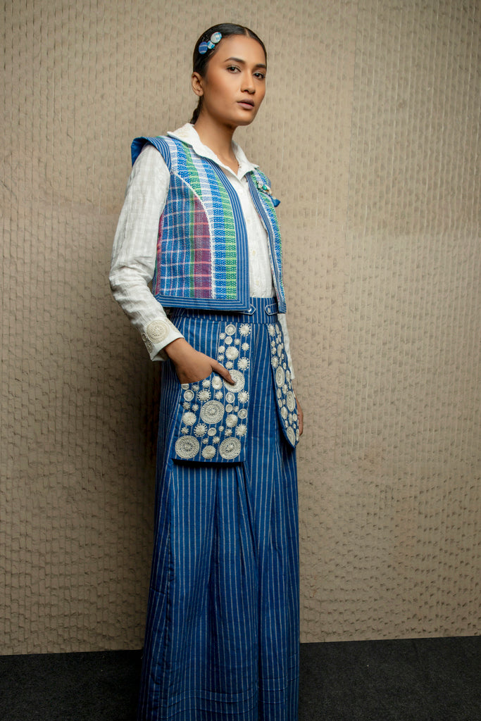 Blue cotton kantha embroidered waistcoat