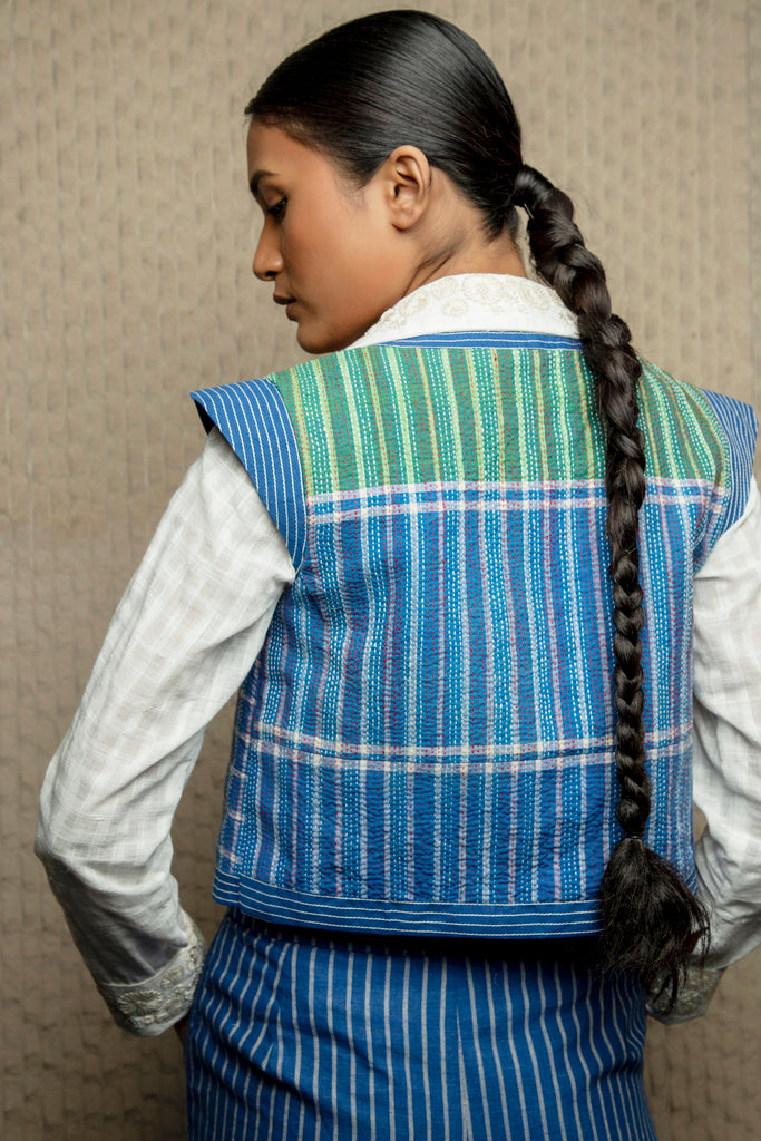 Blue cotton kantha embroidered waistcoat