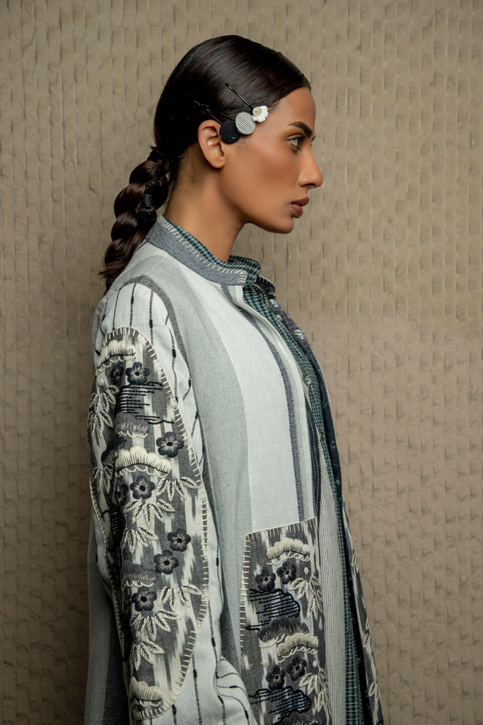 Grey monochrome jamdani long jacket with embroidery