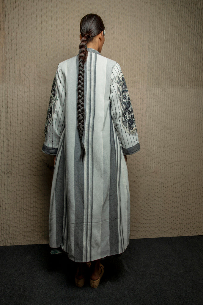 Grey monochrome jamdani long jacket with embroidery