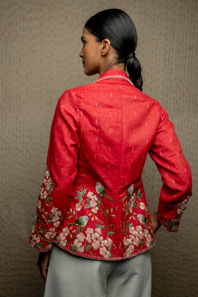 Red cotton jamdani embroidered shacket with belt