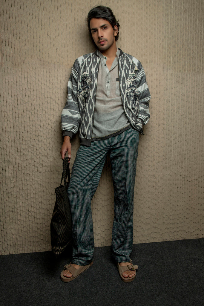 Dark green checks cotton pants with embroidery