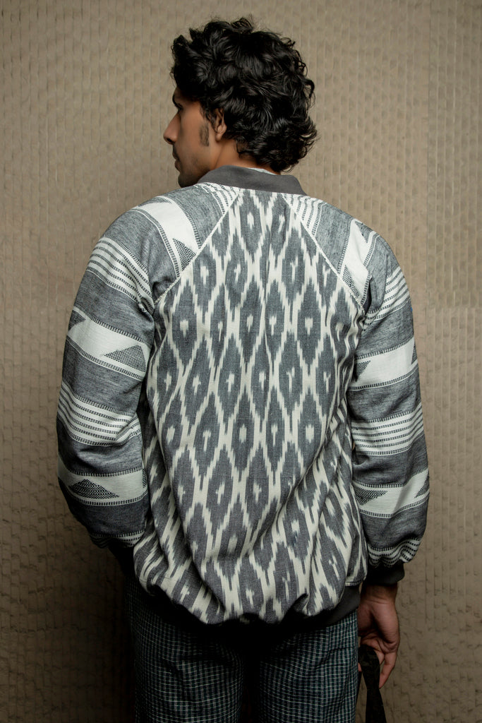 Grey monochrome ikkat embroidered bomber jacket