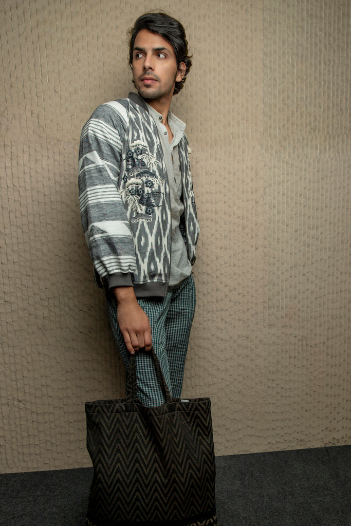 Dark green checks cotton pants with embroidery