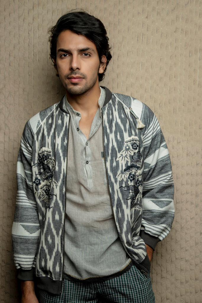 Grey monochrome ikkat embroidered bomber jacket