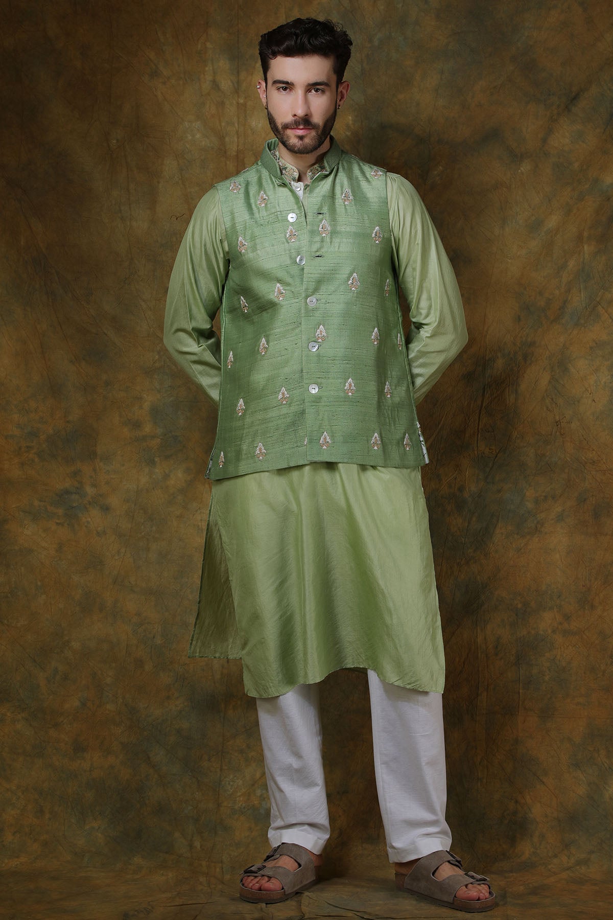 Mint Green Silk Buta Embroidered Bundi