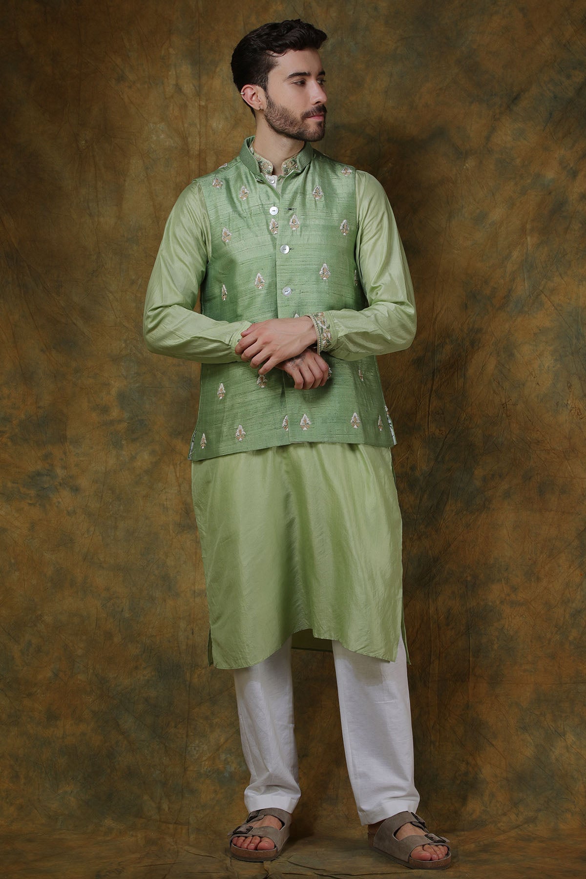 Mint Green Silk Buta Embroidered Bundi