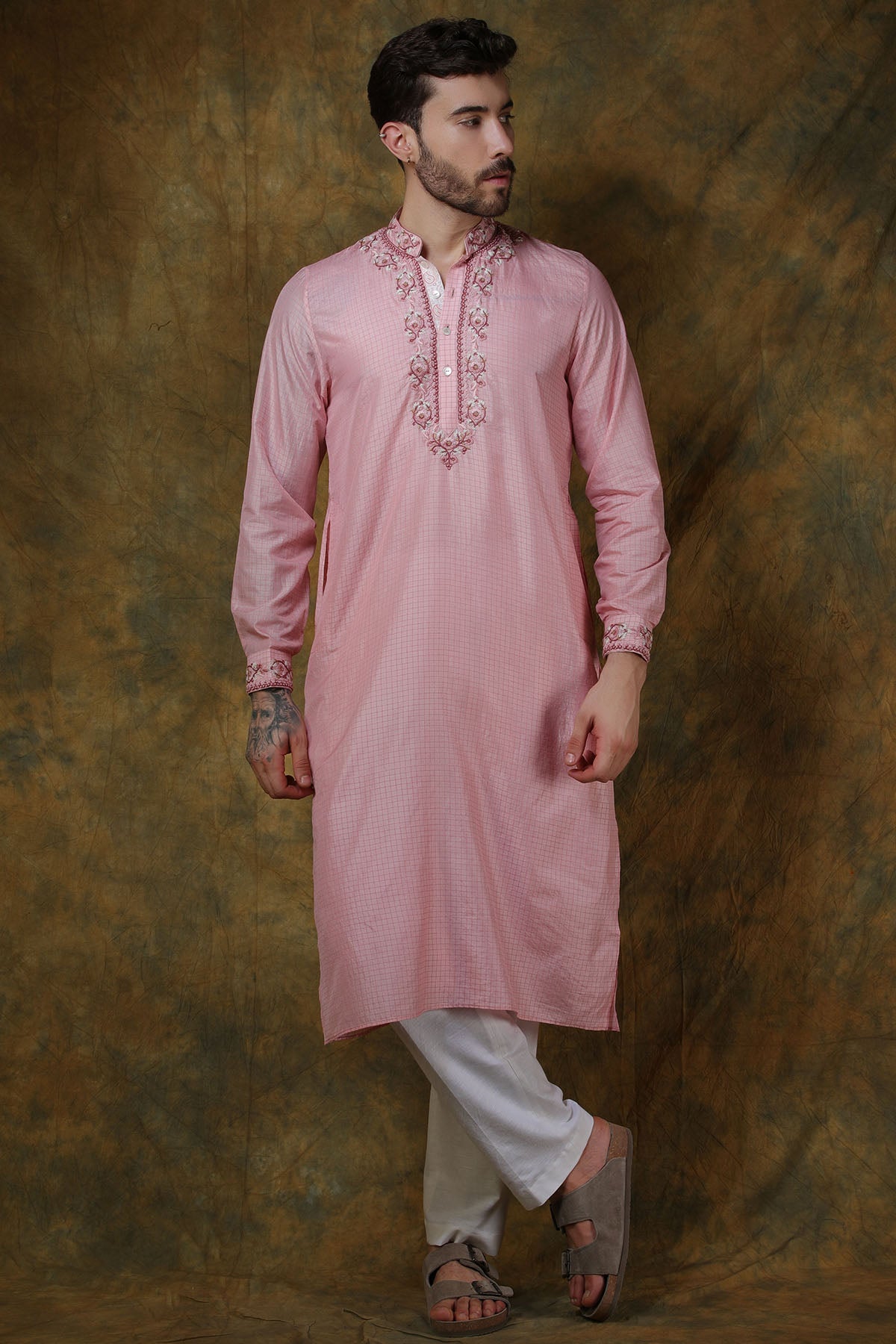Pink Silk Check Printed Kurta