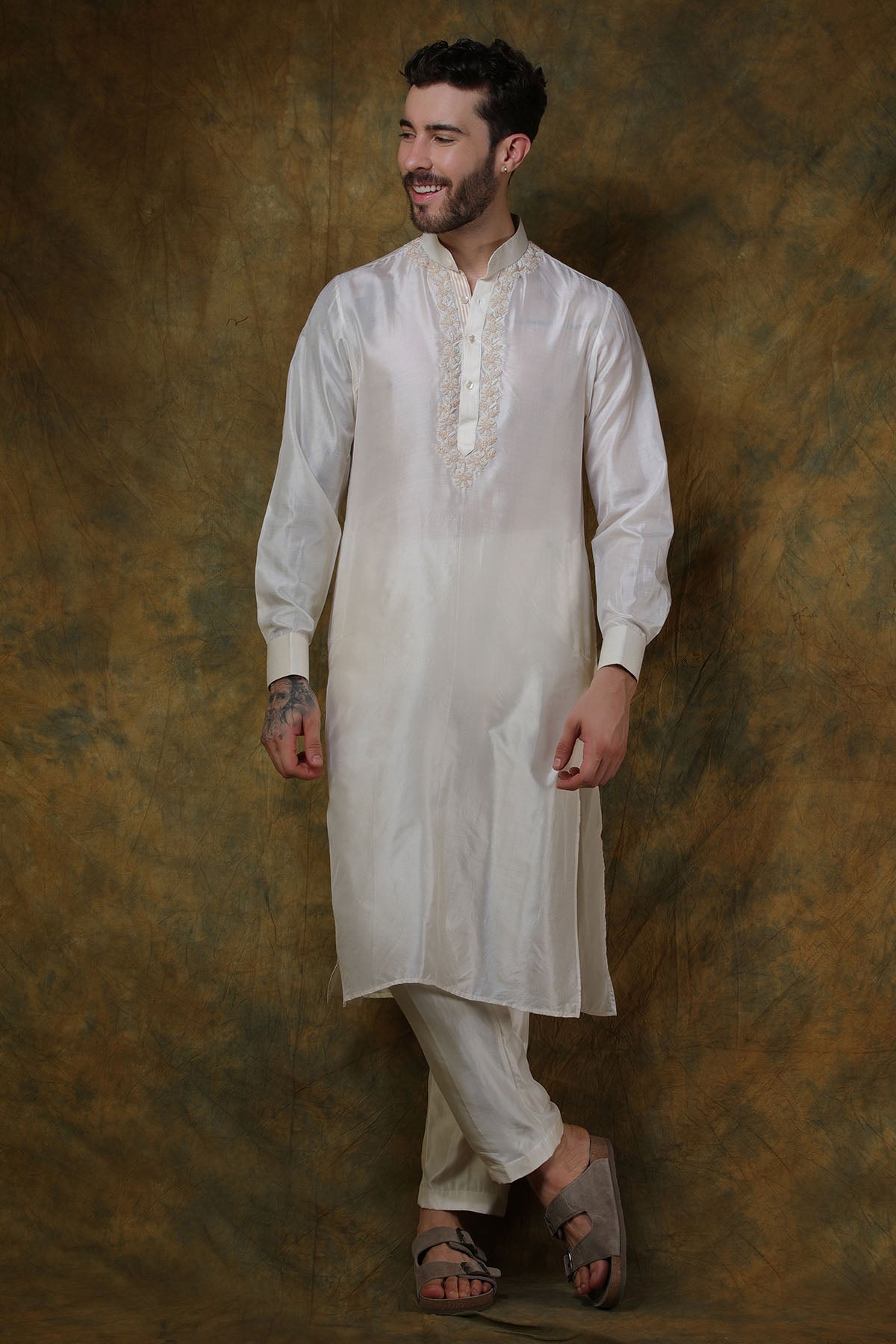 Bone Silk Chikankari Embroidered Kurta with Pants