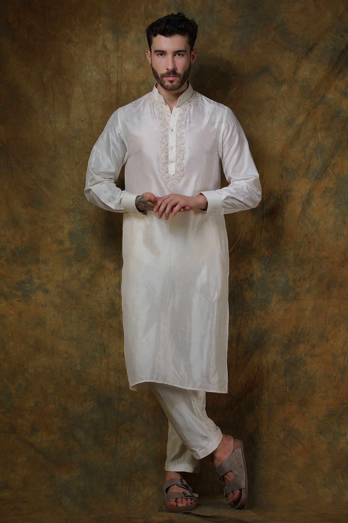 Bone Silk Chikankari Embroidered Kurta with Pants