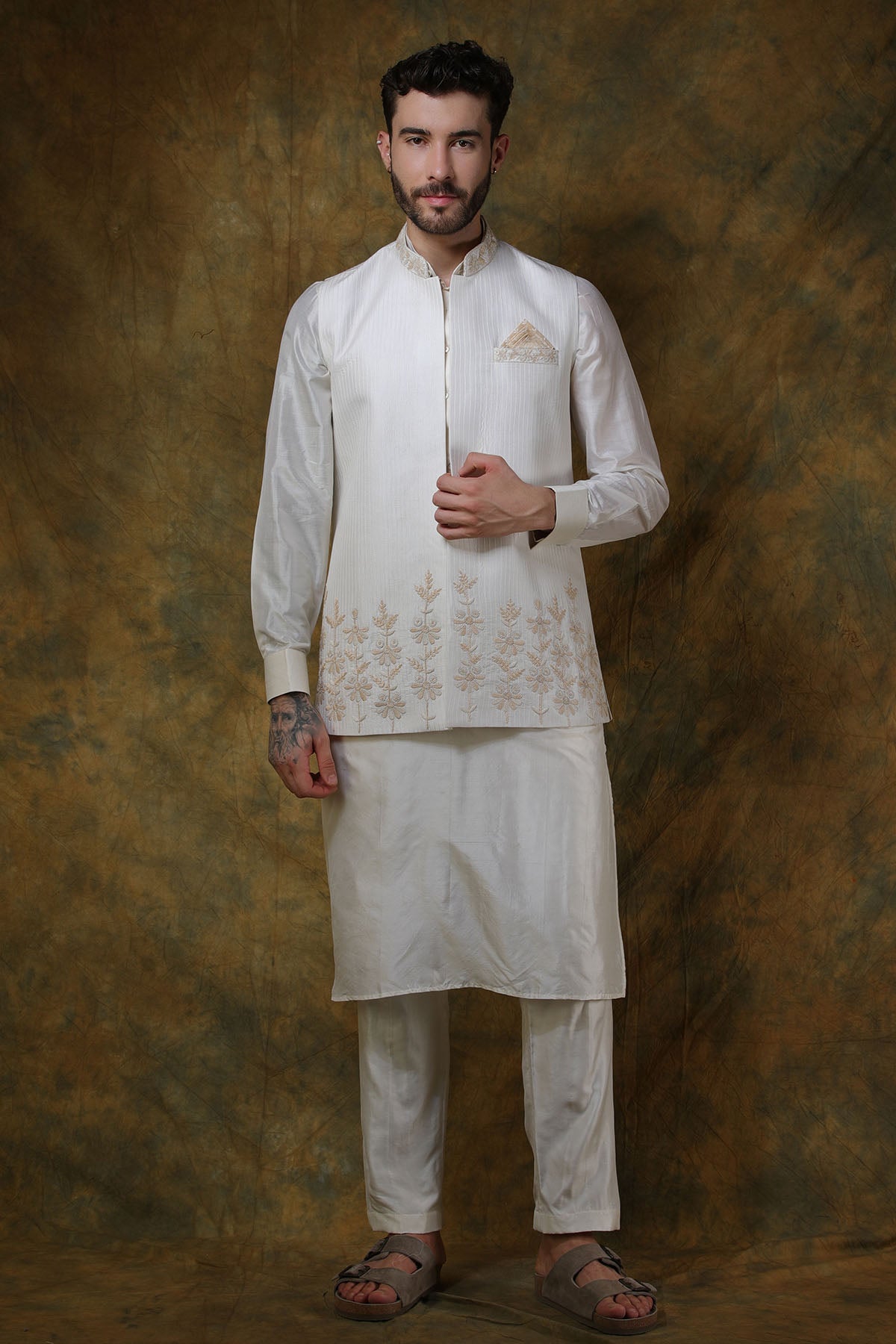 Bone Silk Floral Embroidered Bundi