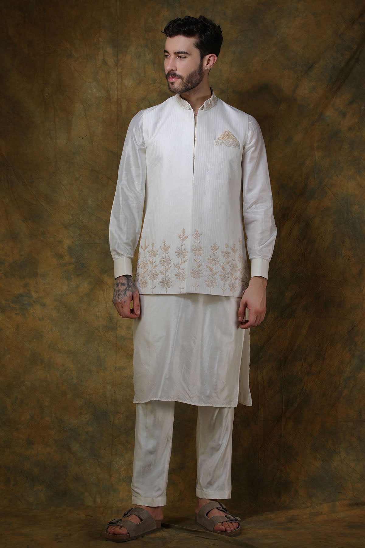 Bone Silk Floral Embroidered Bundi