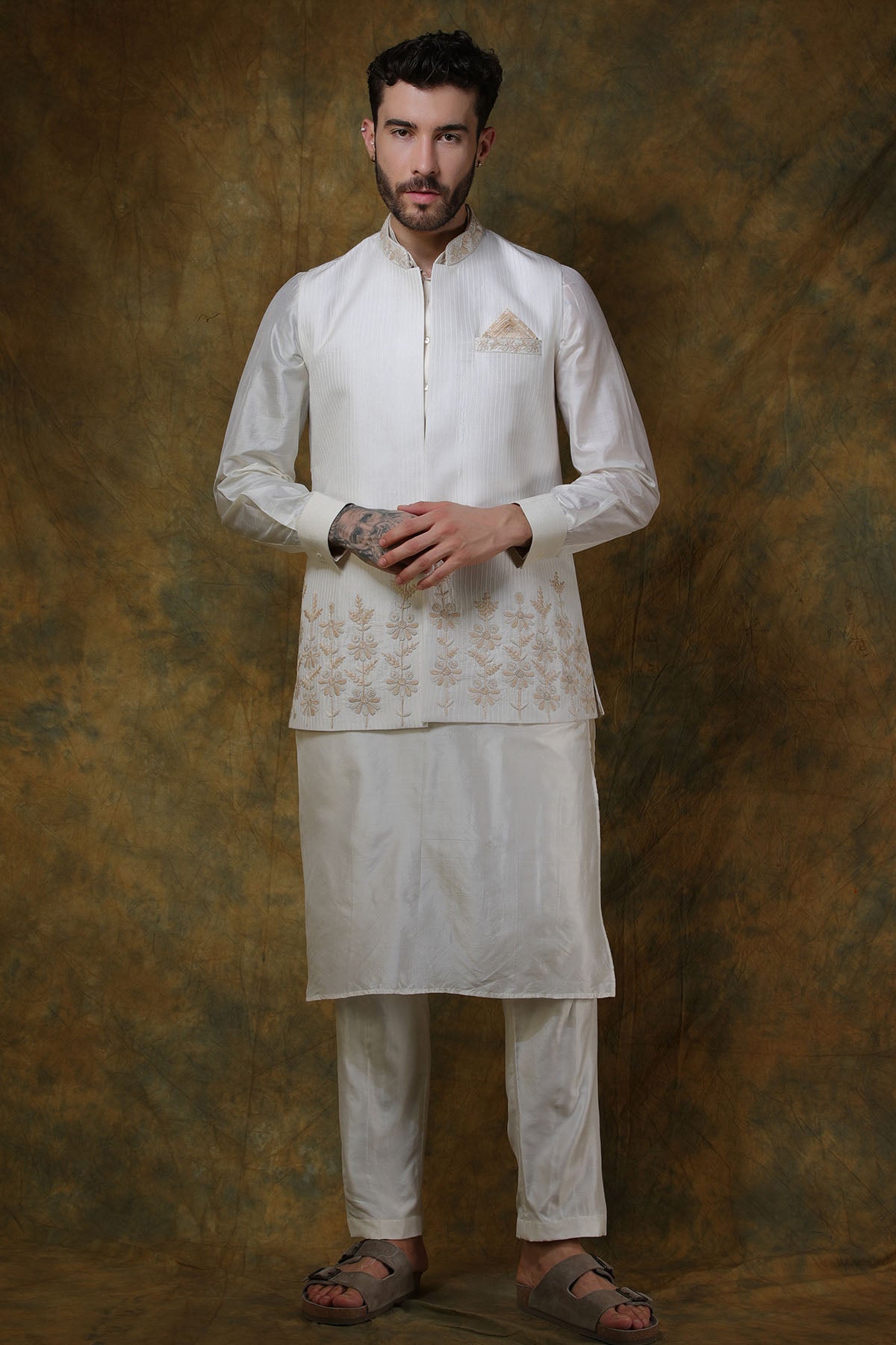 Bone Silk Floral Embroidered Bundi