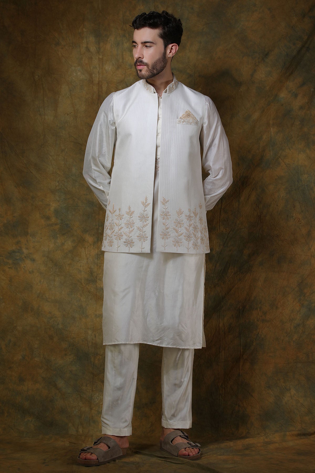 Bone Silk Floral Embroidered Bundi