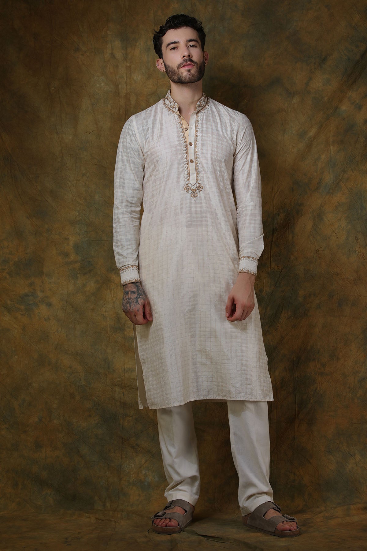 Bone Silk Check Printed Kurta