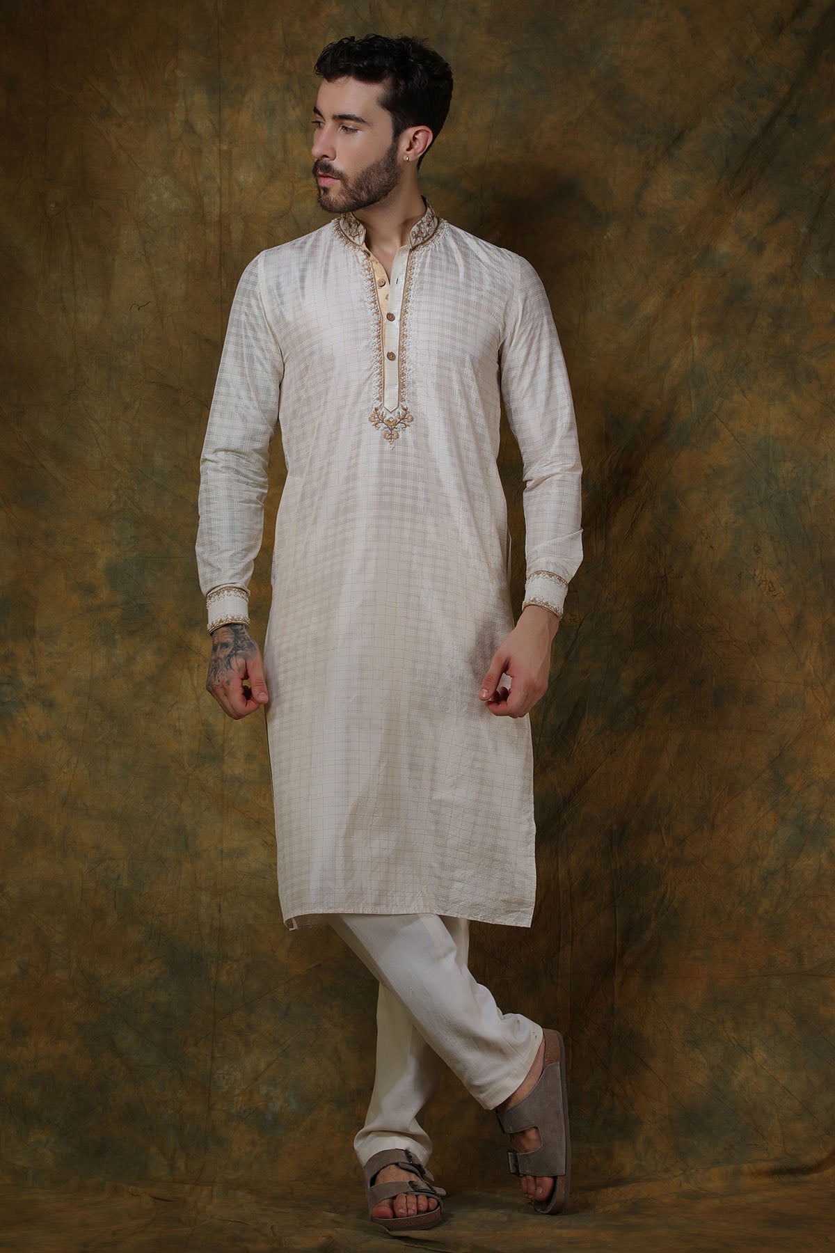 Bone Silk Check Printed Kurta